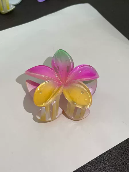 Green, pink and yellow three plumeria flower grippers 8cm