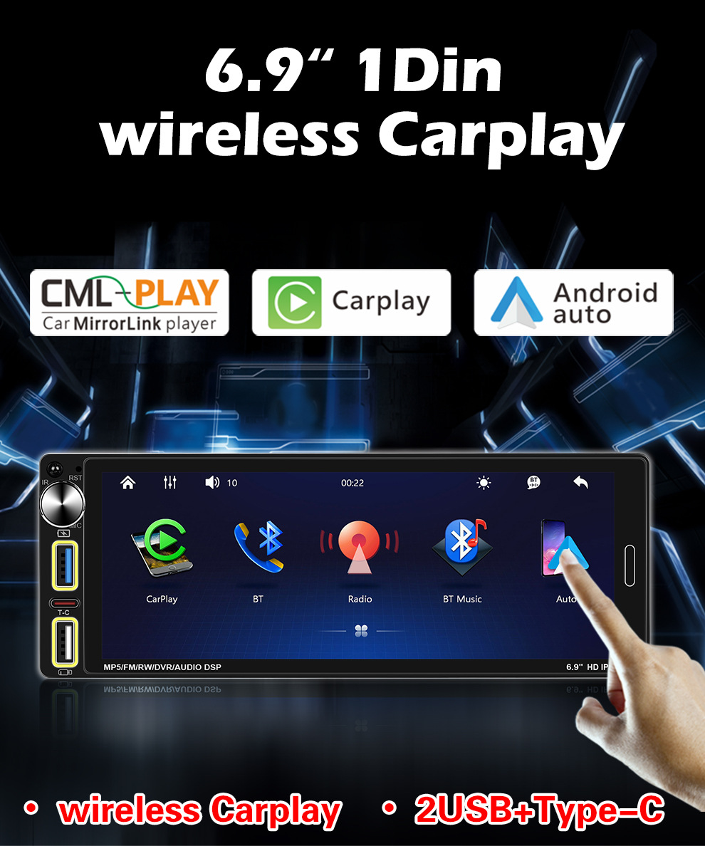 6.9 Inch 12V Single Spindle Wireless Apple Carplayfm Radio Car Bluetooth Mp5 Player 6290W