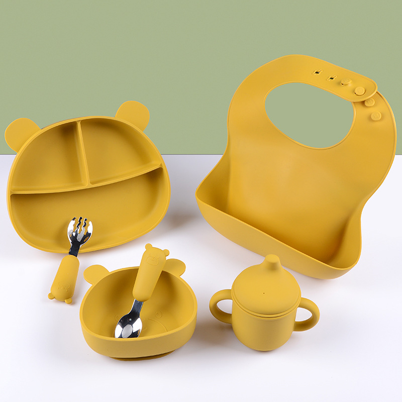 316不銹鋼叉子 兒童餐具卡通小熊勺子 寶寶短柄硅膠勺子叉子一套