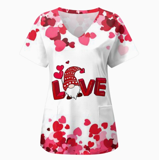 [2025 New Style] 3D Digital Print Valentine's Day Spring V-Neck Nursing Uniform European and American Women's Clothing Cross-Border Foreign Trade Style