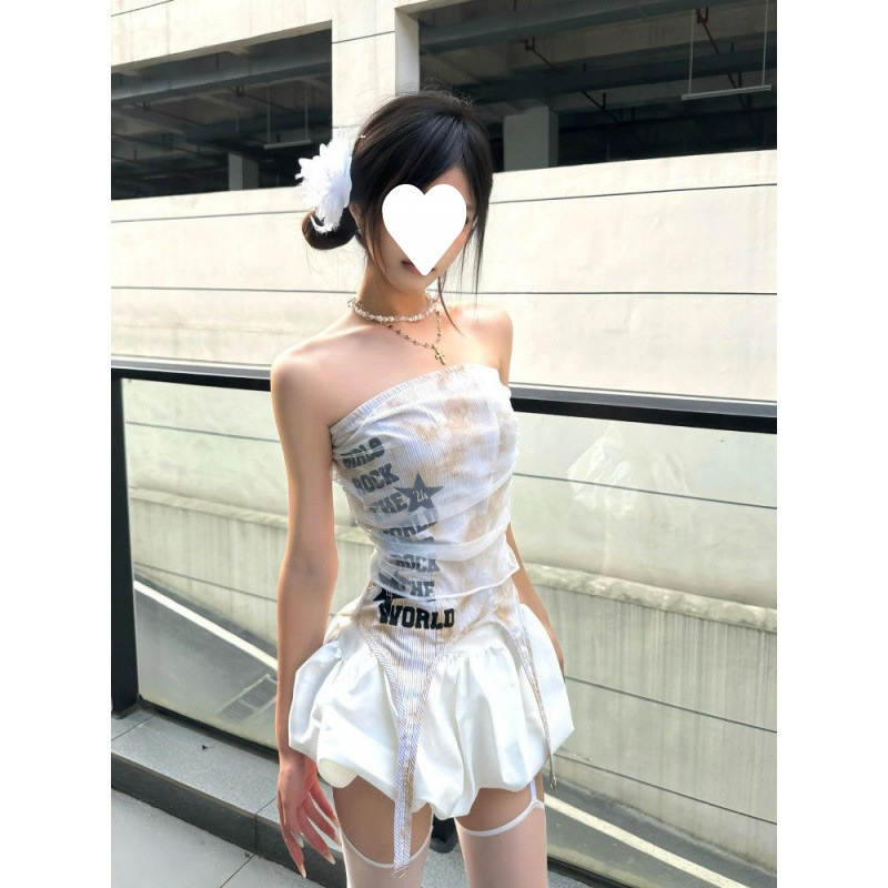 Uniquedesign美式辣妹脏脏网纱印花抹胸上衣女百搭蓬蓬短裙裙套装|undefined
