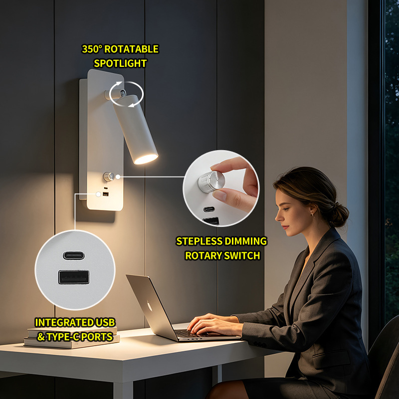 American-Style Nordic 3000K USB Type-C 2-in-1 Charging Wall Lamp Bedside Guesthouse Knob Dimmable Ambient Light American-Style Nordic 3000K USB Type-C 2-in-1 Charging Wall Lamp Bedside Guesthouse Knob Dimmable Ambient Light
