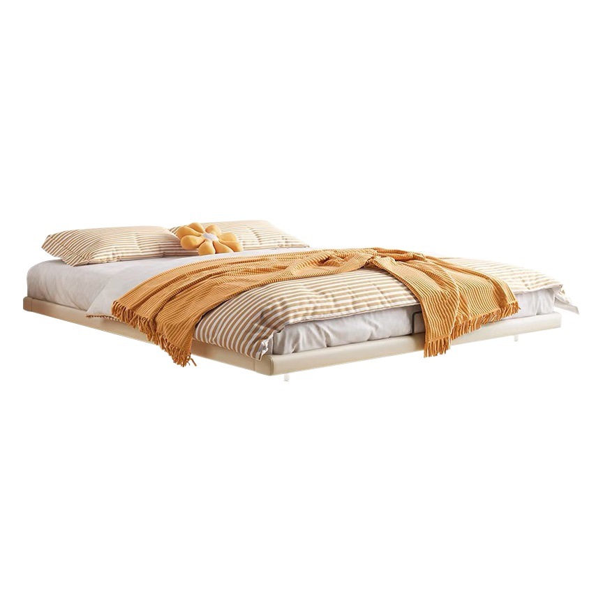 Cama flotante sin cabecero de tela tecnológica de lujo ligero estilo wabi-sabi, cama doble moderna minimalista tipo tatami con almacenamiento para dormitorio principal