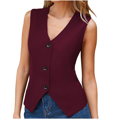 Summer European and American V-neck sleeveless vest top with buttons, temperament, fashion and trend.