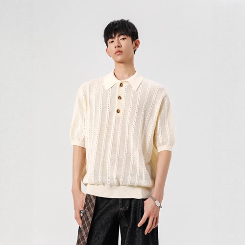 Breathable jacquard knitted short-sleeved men and women's summer thin American retro Polo shirt hollowed out design Henry neck top
