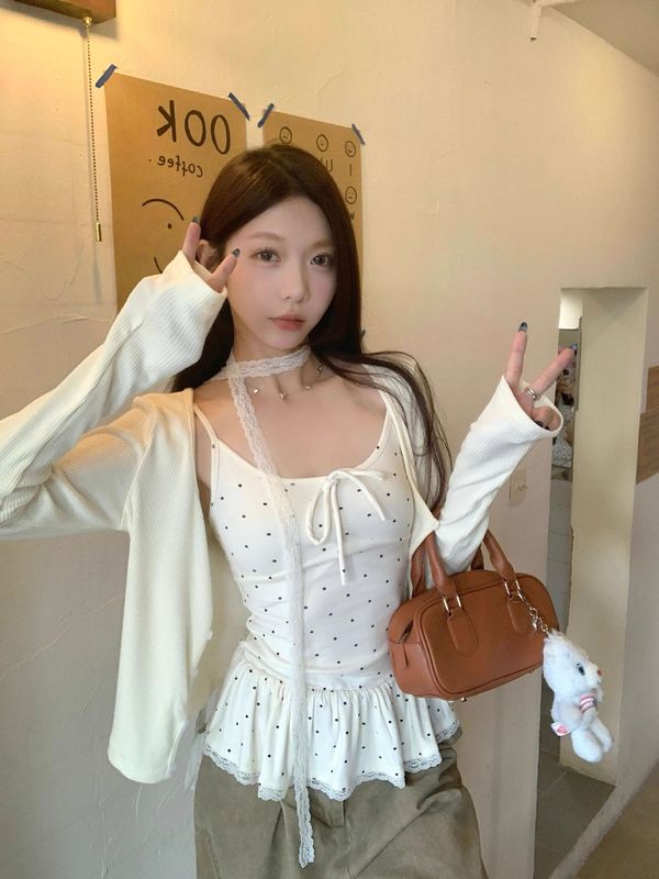 韩系穿搭甜辣妹蕾丝花边吊带女秋冬设计感修身长袖t恤上衣两件套|undefined