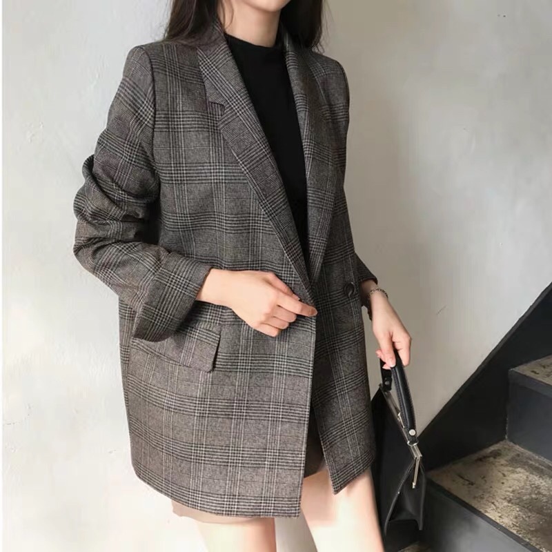 Women's Loose-Fitting Autumn Retro-Style Jacket With Grid Pattern, Wholesale Small Suit Tops_ecoleips.com