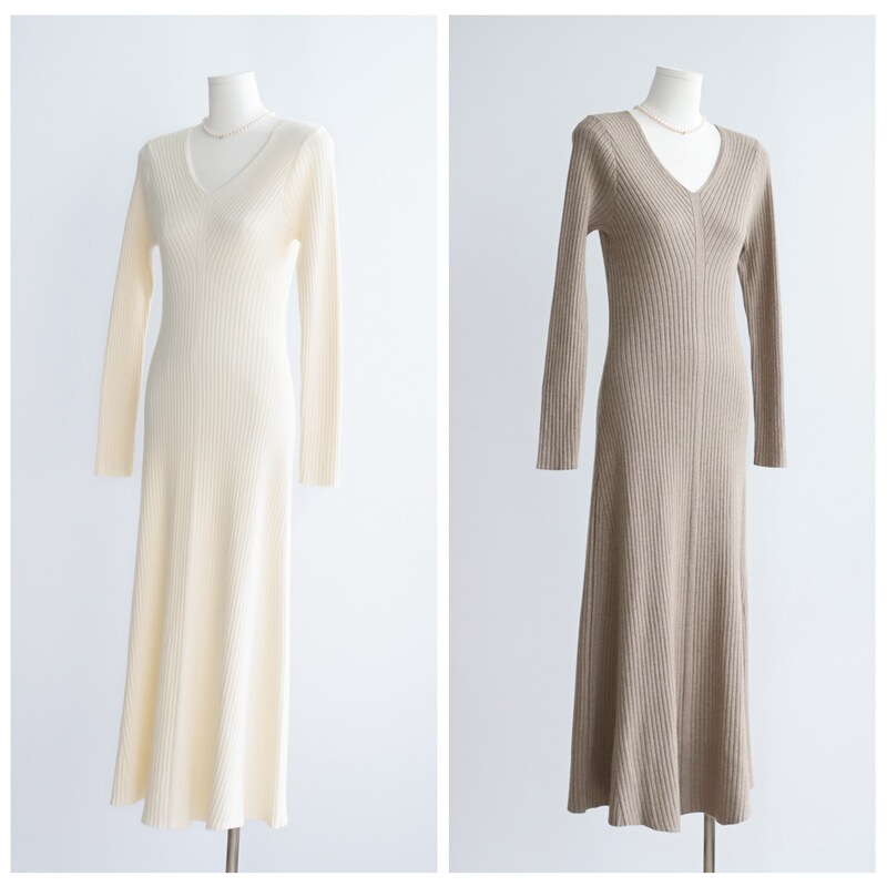 Modal Cotton V Neck High-Waisted Knitted Dress with Pit Strips, Slimming Look Autumn and Winter Warm Base Skirt, Retro Elegant Long Skirt Modal Cotton V Neck High-Waisted Knitted Dress with Pit Strips, Slimming Look Autumn and Winter Warm Base Skirt, Retro Elegant Long Skirt