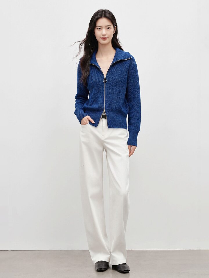 Áo khoác dệt kim nữ màu xanh da trời, dáng cardigan khóa kéo, chất liệu len cừu mềm mại, tay dài — Màu xanh da trời