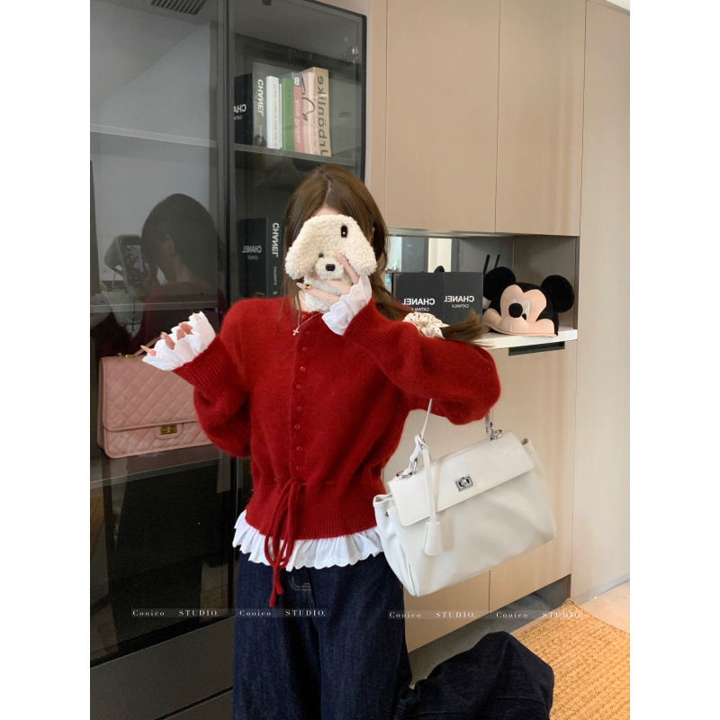 高级感时尚气质设计感蕾丝拼接系带毛衣毛织针织衫长袖女装工厂|undefined