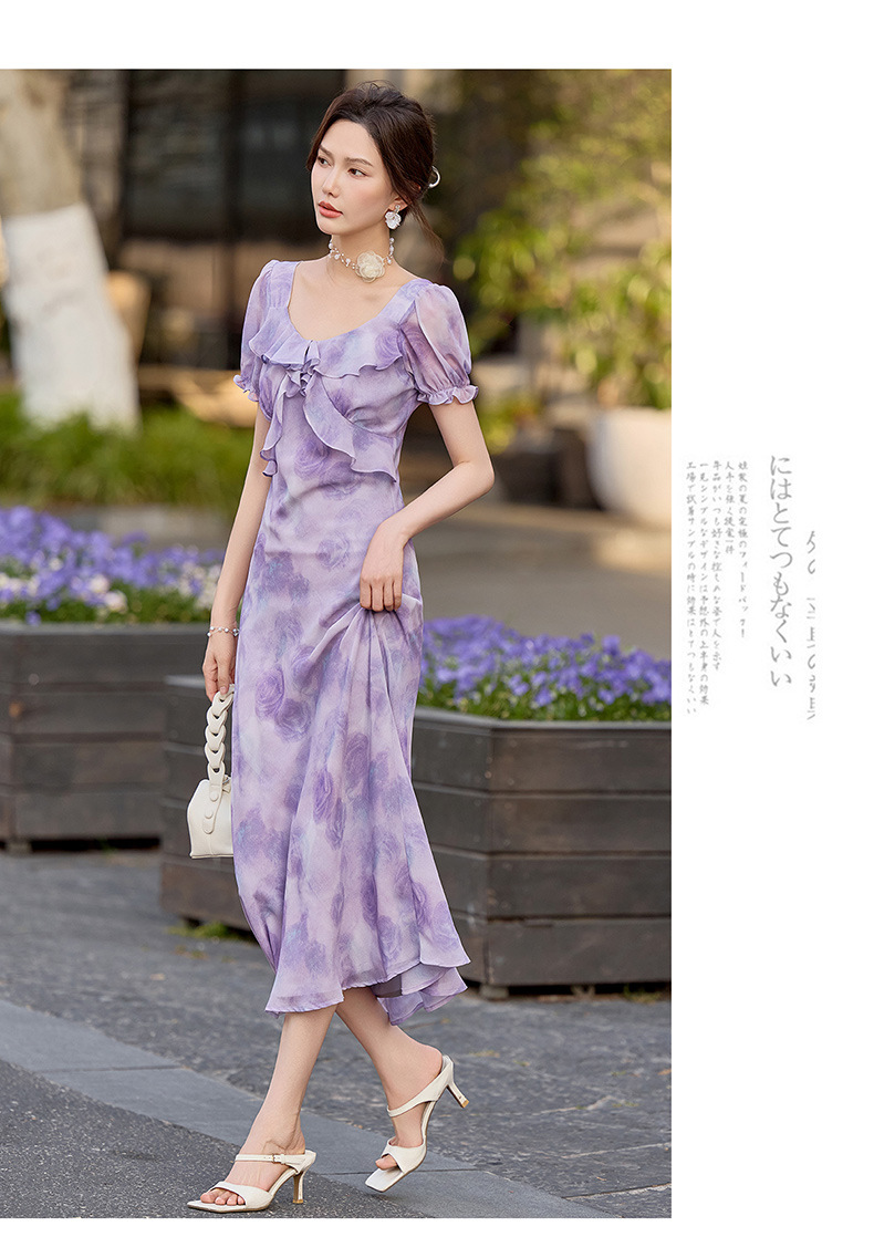 Đầm maxi nữ thắt eo in họa tiết hoa mùa hè tay ngắn — màu tím, Màu hồng chi tiết 25