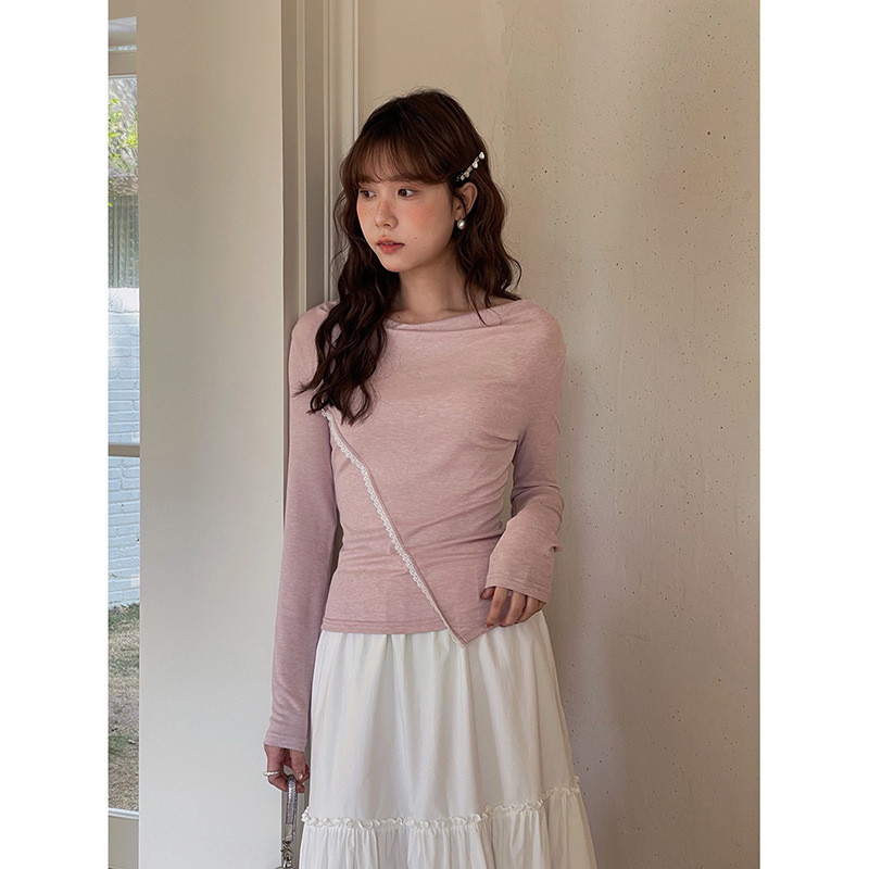 [Jasmine Narration] Geming Swing Collar Contrast Color Lace Shirt Women's 2025 Autumn New Long Sleeve T-Shirt Y2761F