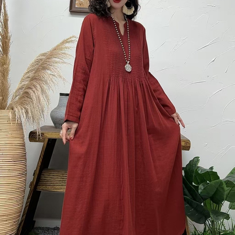 2025 Autumn Cotton Yarn Solid Color Extended Long Dress with Long Sleeves and Wide Hem, Crushed Pleats, Artistic Women's Dress