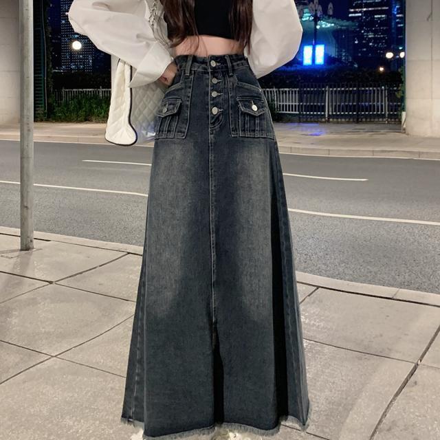 高腰毛边牛仔半身裙女装春秋新款复古设计感小众A字长裙裙子冬季|undefined