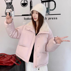 2025年新款羊羔毛拼接羽绒棉服女两面穿大翻领短款外套韩版面包服
