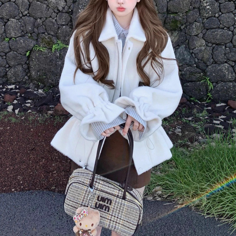 Chisan 25/Fw White Tea Dream Creamy White Drawstring Fleece Oversized Wool Coat Simple Jacket for Women Chisan 25/Fw White Tea Dream Creamy White Drawstring Fleece Oversized Wool Coat Simple Jacket for Women
