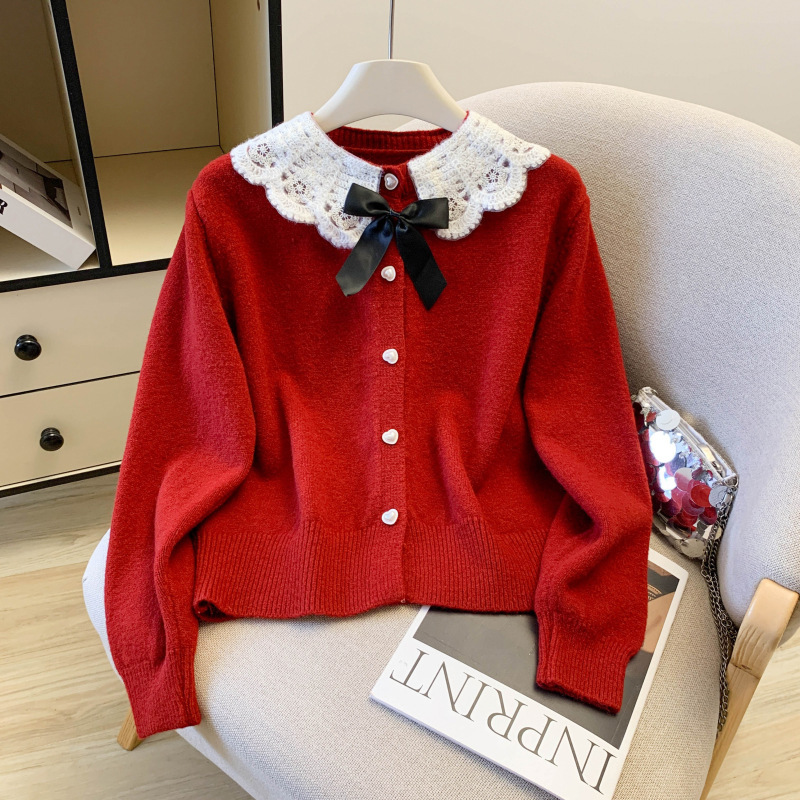 2026 Spring Red Christmas New Year Bowknot Sweater for Women, Stylish and Youthful Lace Knit Cardigan Jacket 2026 Spring Red Christmas New Year Bowknot Sweater for Women, Stylish and Youthful Lace Knit Cardigan Jacket