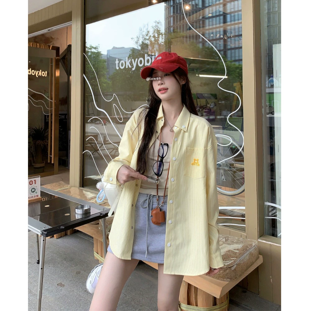 Свежая и простая полосатая солнцезащитная рубашка с вышивкой щенка для женщин, новый весенне-летний дизайн, свободная повседневная рубашка.