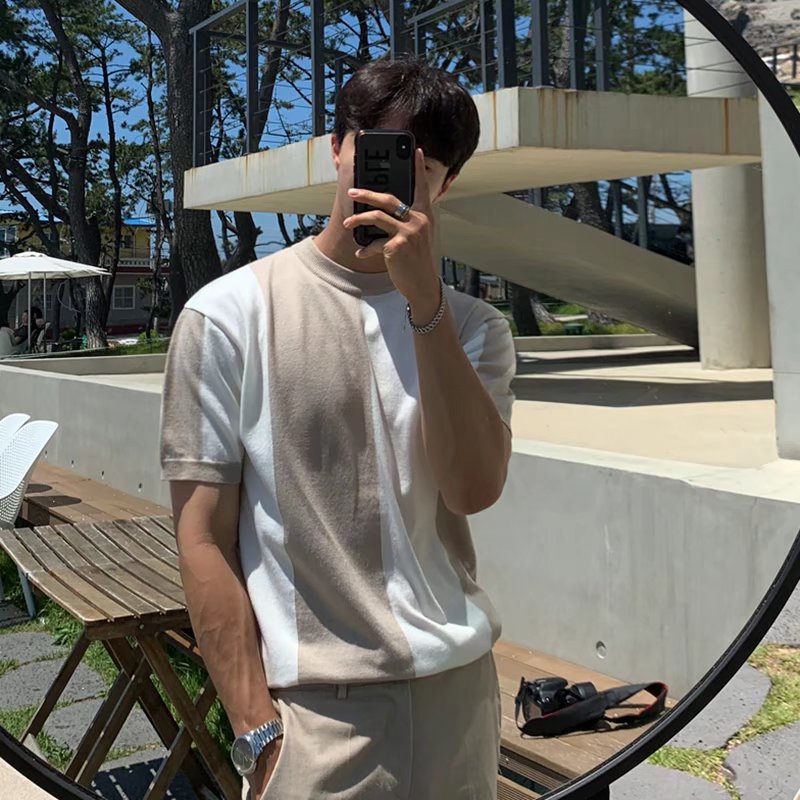 Nueva Camiseta de manga corta de seda de hielo a rayas casual ropa superior de los hombres delgados simples suéter de moda