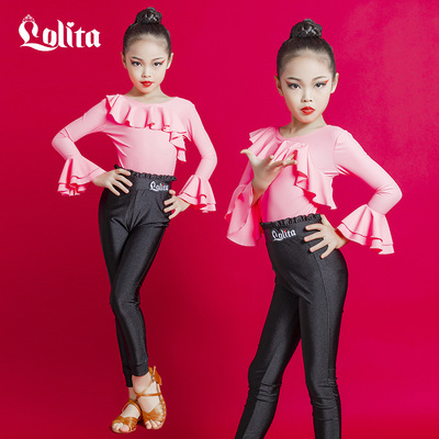 Girls kids pink Latin dance clothing long sleeves top and trousers children girls latin practice exercise outfits performance costumes