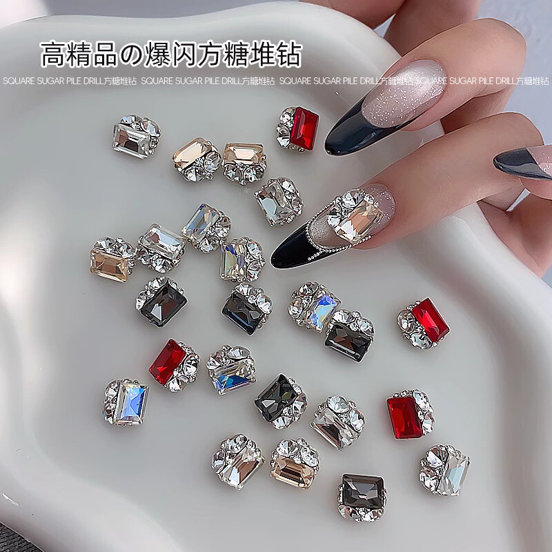 High Quality Flash Manicure Rock Sugar Pile Diamond Finished Product 2025 New Sugar Cube Rectangular Crystal Diamond Nail Decoration Wholesale