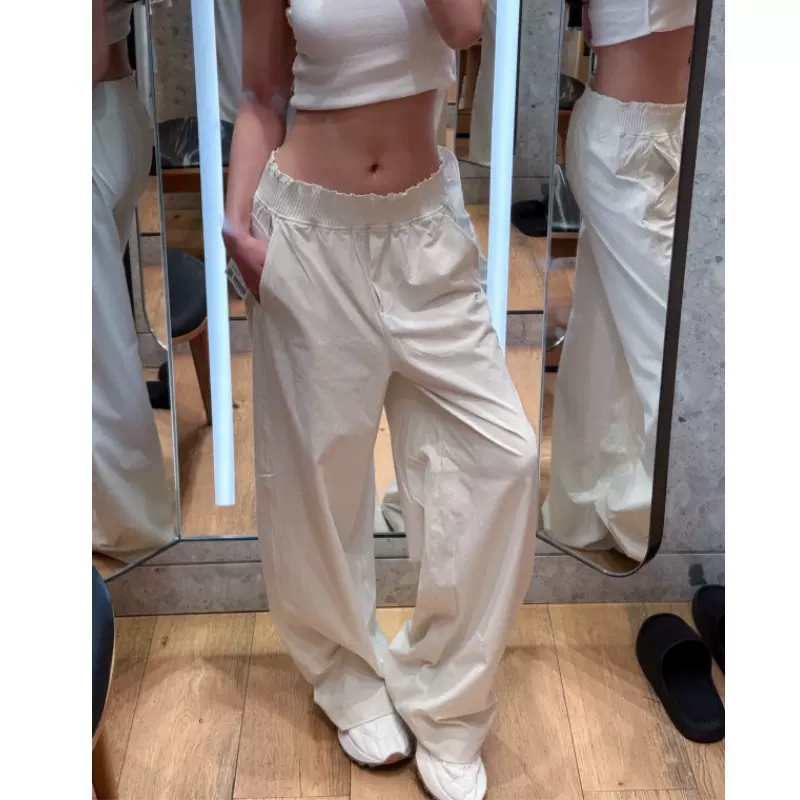 lulu zgly腰部褶边松紧腰休闲阔腿裤 女夏薄款直筒宽松跑步户外运