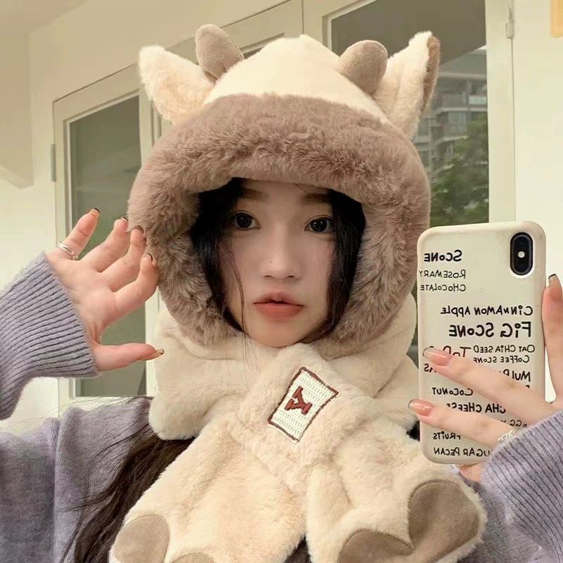 Cute hat, winter scarf, keep warm windproof fleece sides, increased thickness