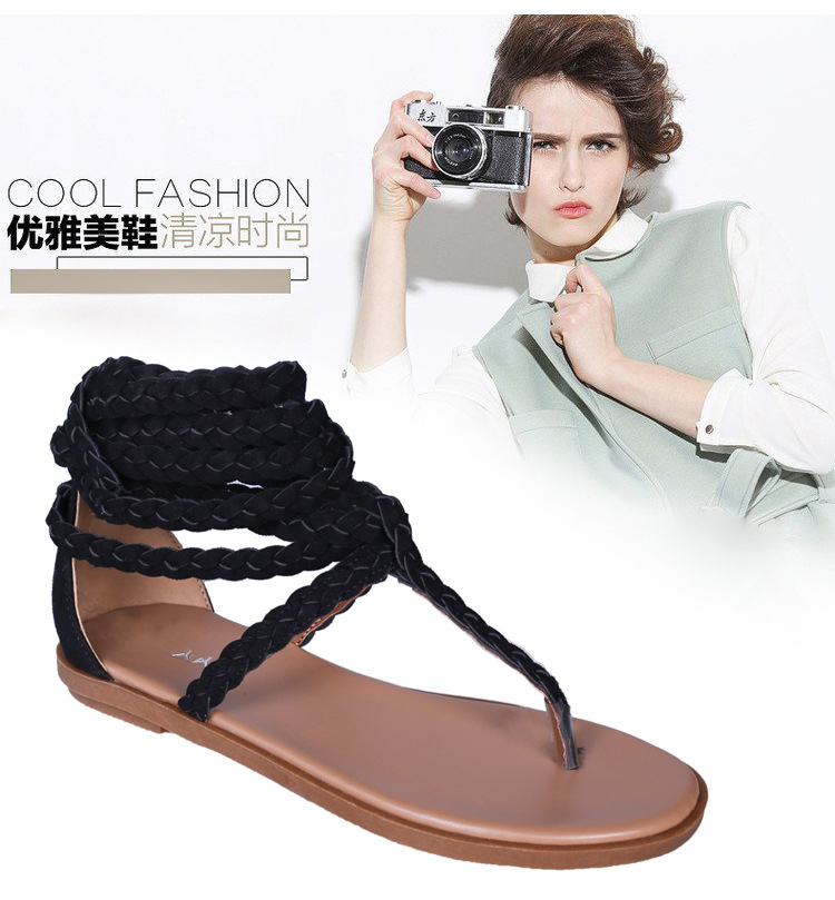 Summer 2021 cross-border large-sized beach sandals for women, European and American style flat toe interlocking woven ankle straps Specification drawing
