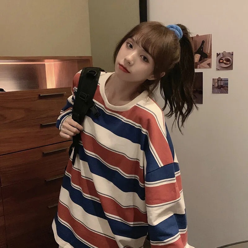 Cross-Border 2021 New Popular Stripesd Long-Sleeved T-Shirt Women's Spring Dark Style Mid-Length Contrasting Color Student Loose Top