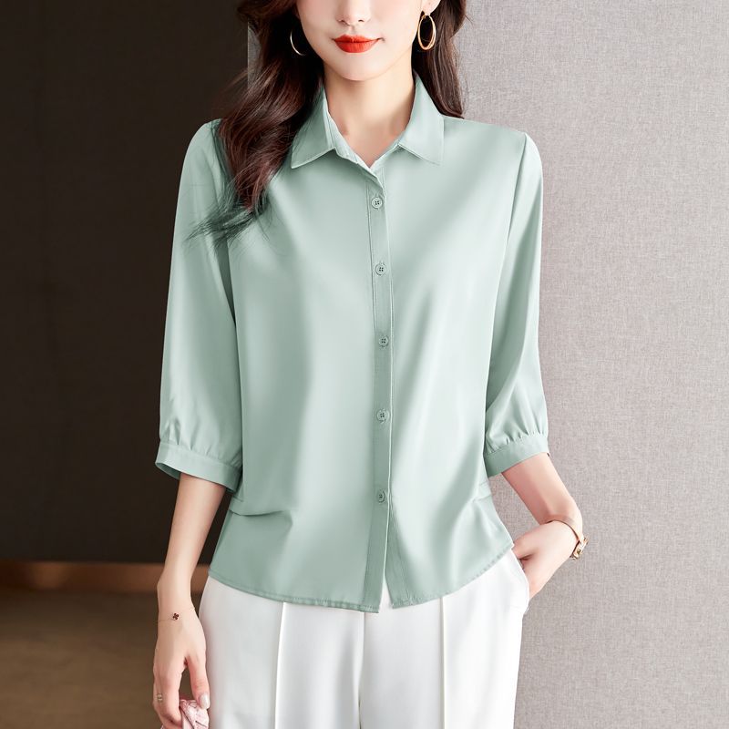 솔리드 컬러 7부 소매 셔츠 여성 가을 새로운 느슨한 옷깃 탑 다목적 슬리밍 패션 기질 쉬폰 셔츠