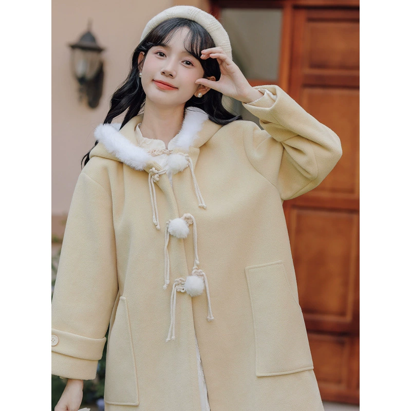 Winter cute yellow colored quilted woolen coat with hood, jacket, increased thickness
