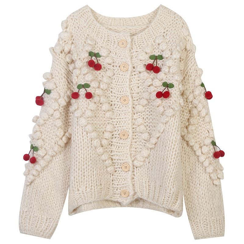 2023 Spring and Autumn New Sweater Top Cardigan Hand Hook Cherry Vintage Lazy Style Loose Knitted Cardigan Women's Coat