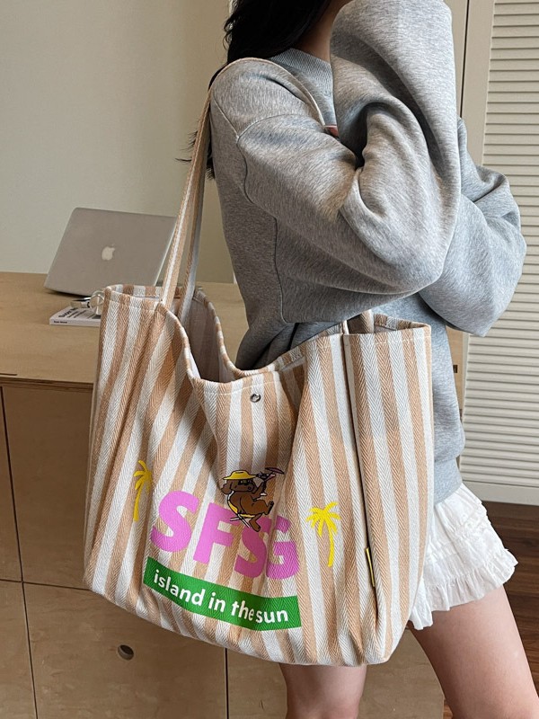 Versión coreana de Dongdaemun a rayas de dibujos animados estampado Mommy Tote lona bag 2025 nuevo estilo perezoso bolso de hombro mujer