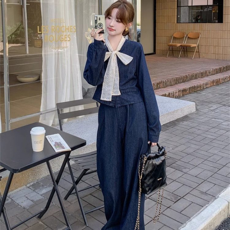 蝴蝶结牛仔套装女春秋阔腿裤两件套感小香风一整套韩系流行|undefined