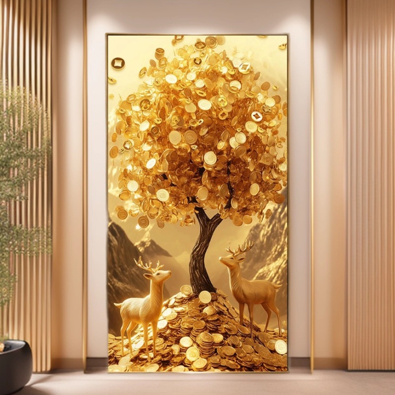 Light Luxury Money Tree Entrance Decorative Painting Gold 0kg Corridor Mural Lamp Fortune Deer Entrance Door Facing Wall Hanging Painting