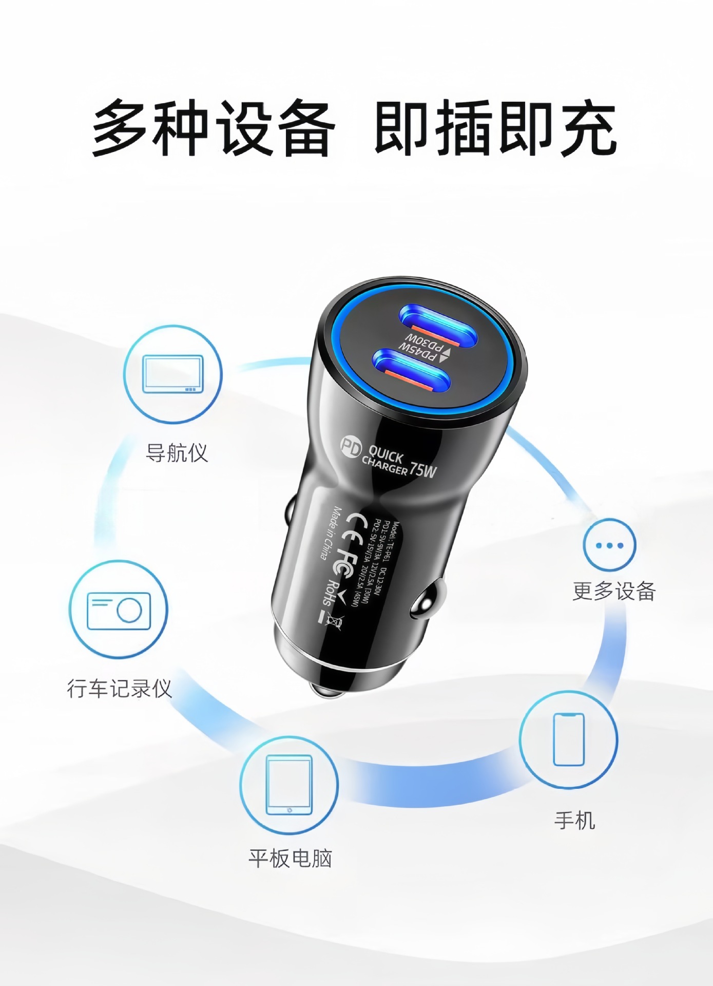 Dual-Port Pd Car Charger Fast Charging 75W Car Mobile Phone Charging Head Type C Smart Pd Car Charger Fast Charging One
