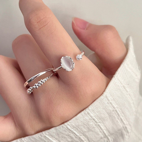 Moonstone simple plain ring high-end ring women's fashion double-layer textured open ring stacked index finger ring
