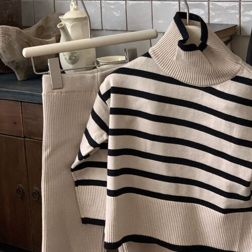 Children's Korean-style set  autumn and winter new striped wool set high neck turtleneck sweater slim wide-leg pants