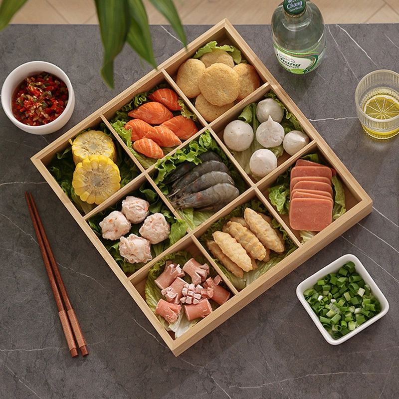 Nine‑grid bamboo serving tray / pallet, bamboo + composite board, multiple compartment options