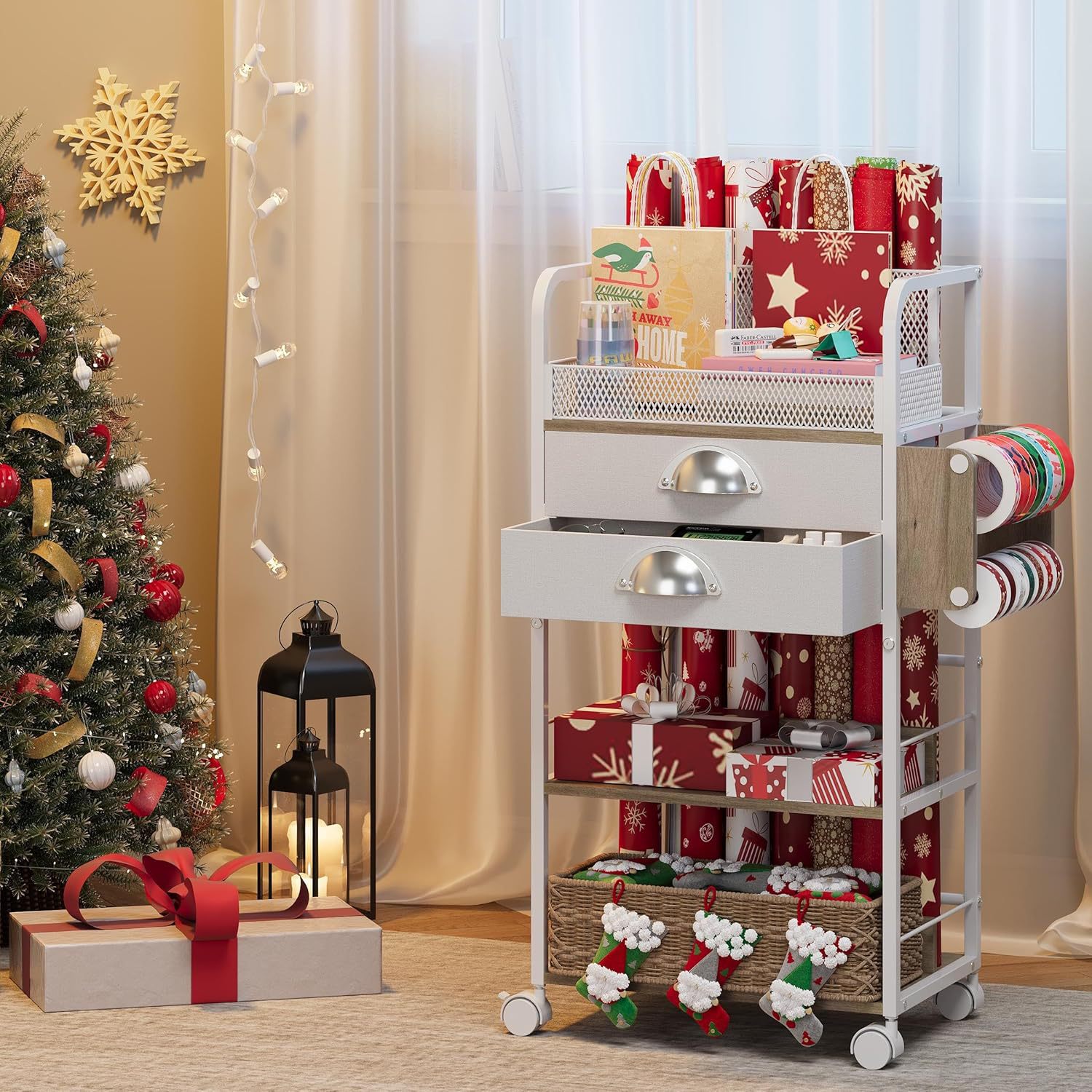 Cross-border rolling handmade storage cart with double fabric drawers, wheels, and locks, for paints, brushes, tape, and household practical storage