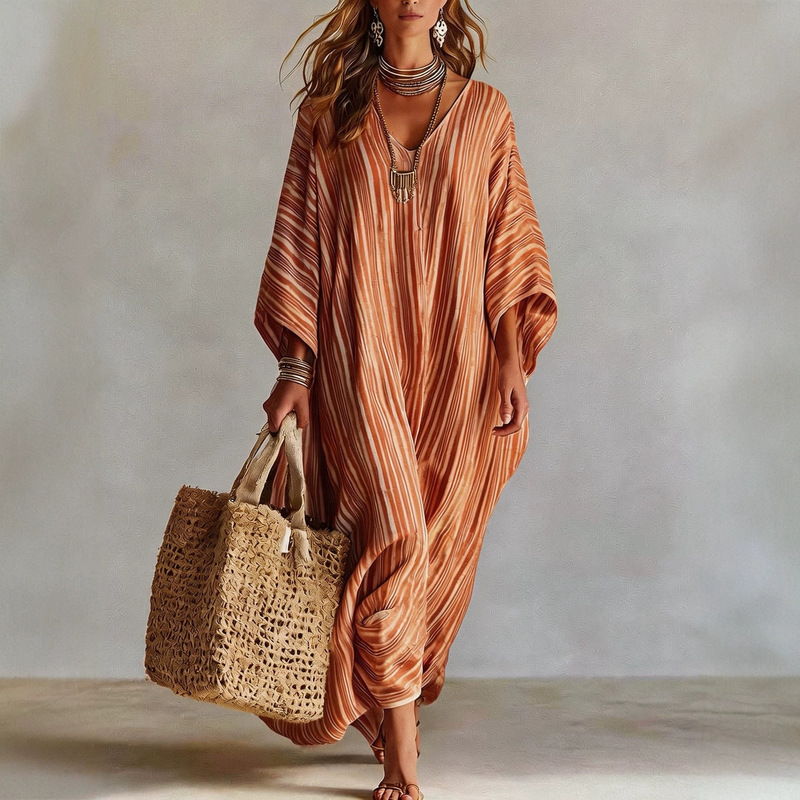 2026 Summer New Model Foreign Trade Amazon European and American Cross-Border Digital Print V-Neck Half-Sleeve Kaftan Long-Sleeve Women's Dress 2026 Summer New Model Foreign Trade Amazon European and American Cross-Border Digital Print V-Neck Half-Sleeve Kaftan Long-Sleeve Women's Dress