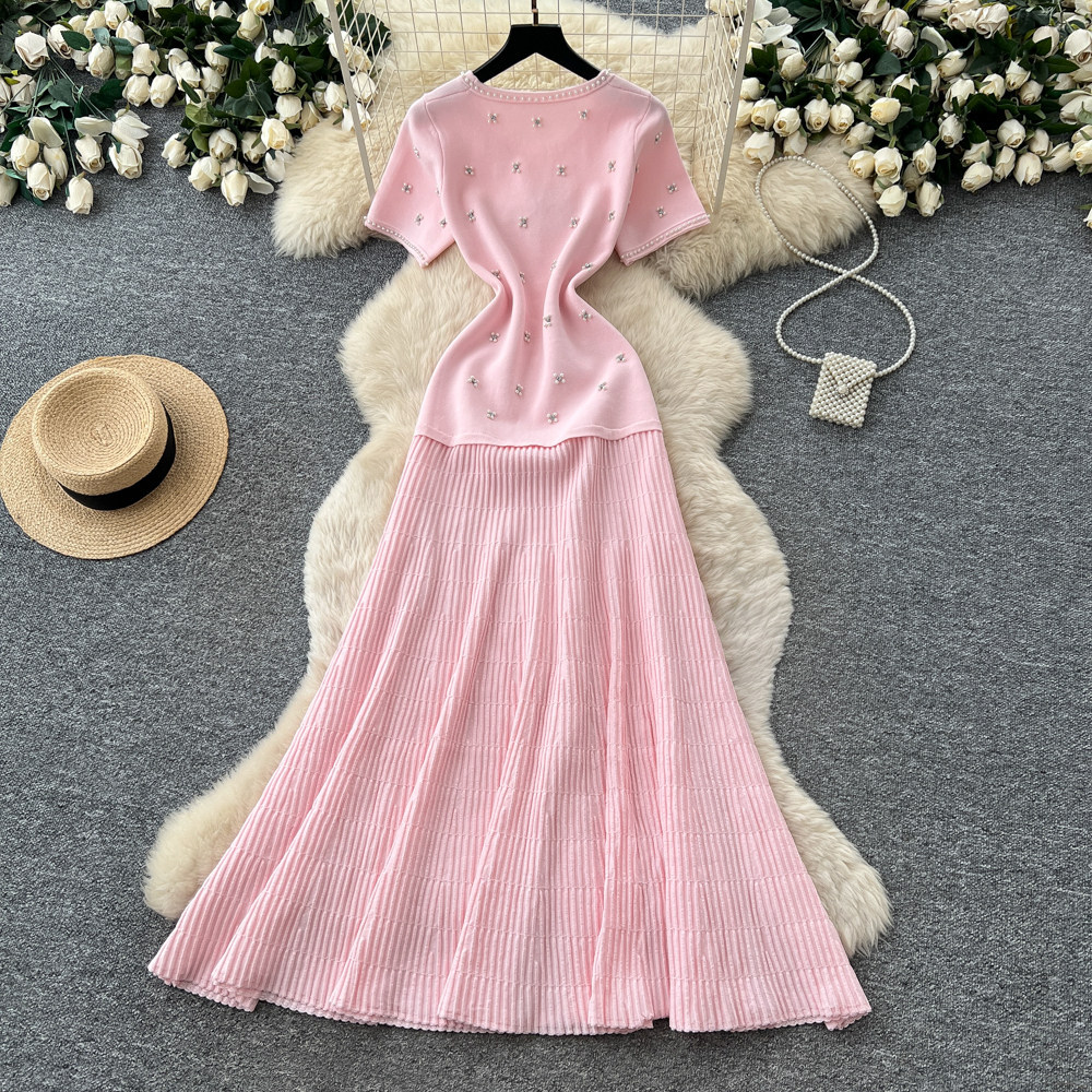 Women's French Style Beaded Short Sleeved Dress Summer Gentle Feminine High Waisted A-Line Skirt Slimming Flattering for Commuting_ecoleips.com