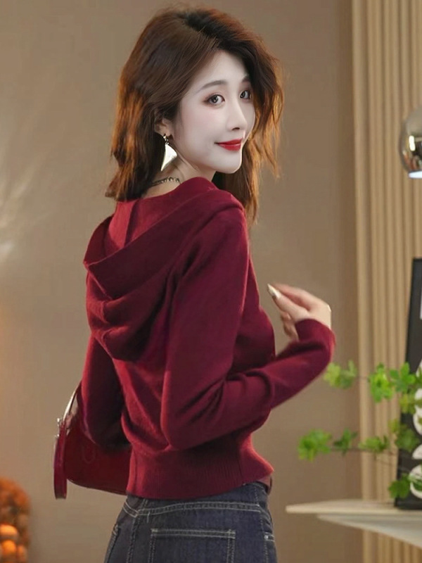 安可拉红针织织衫女2025秋季洋气时尚休闲减龄连帽上衣女新款7208|undefined