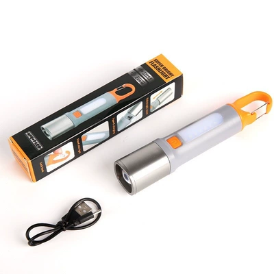 Cross-Border Led Flashlight with Strong Light, Outdoor Rechargeable, Ultra-Bright, USB Retractable Focus Adjustment, Emergency Household Hook Camping Light (UV fənərlər) - battery-1200-mah-memory