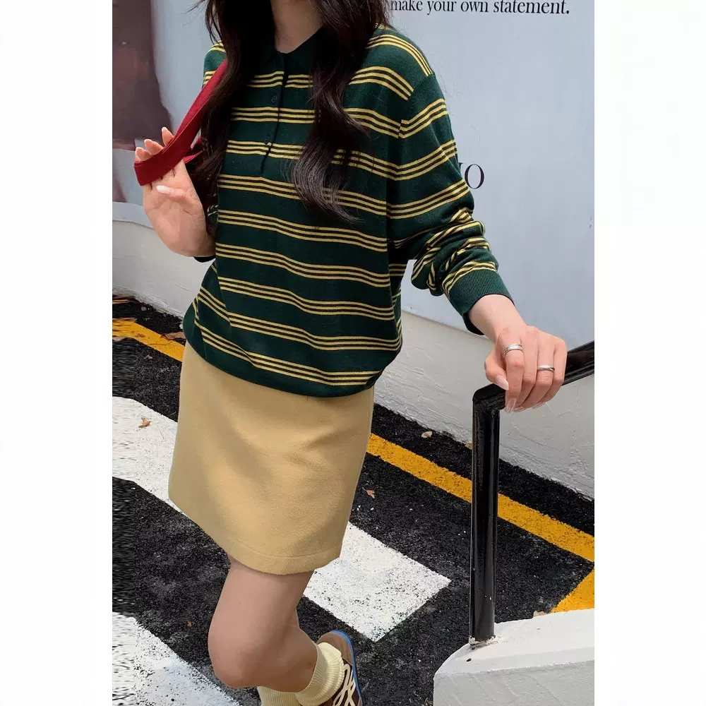 四媛 缪系polo领羊绒撞色细条纹针织衫女25早秋新款长袖上衣9278