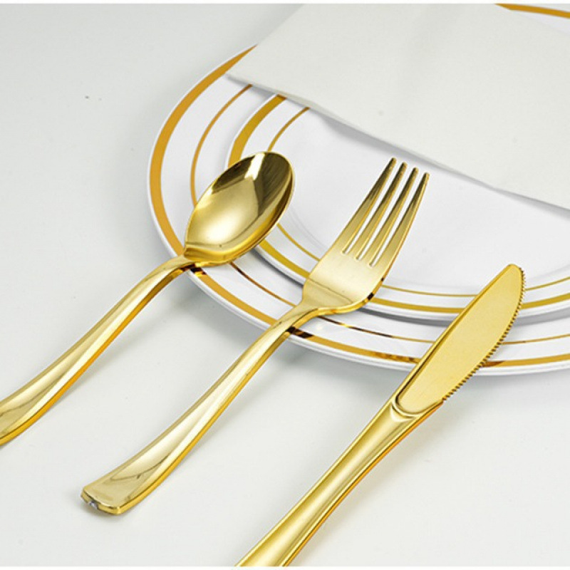 Amazon In-Stock Uv Electroplated Disposable Knife, Fork, and Spoon Set in Gold and Rose Gold for Western-Style Dining, Birthday Plastic Cutlery Set