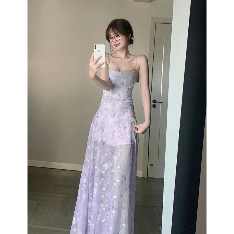 雰囲気のある紫色の花柄ウエストサスペンダードレス女性の夏の新しい純粋な欲望スタイルのハイエンドの絶妙で美しいロングスカート|undefined