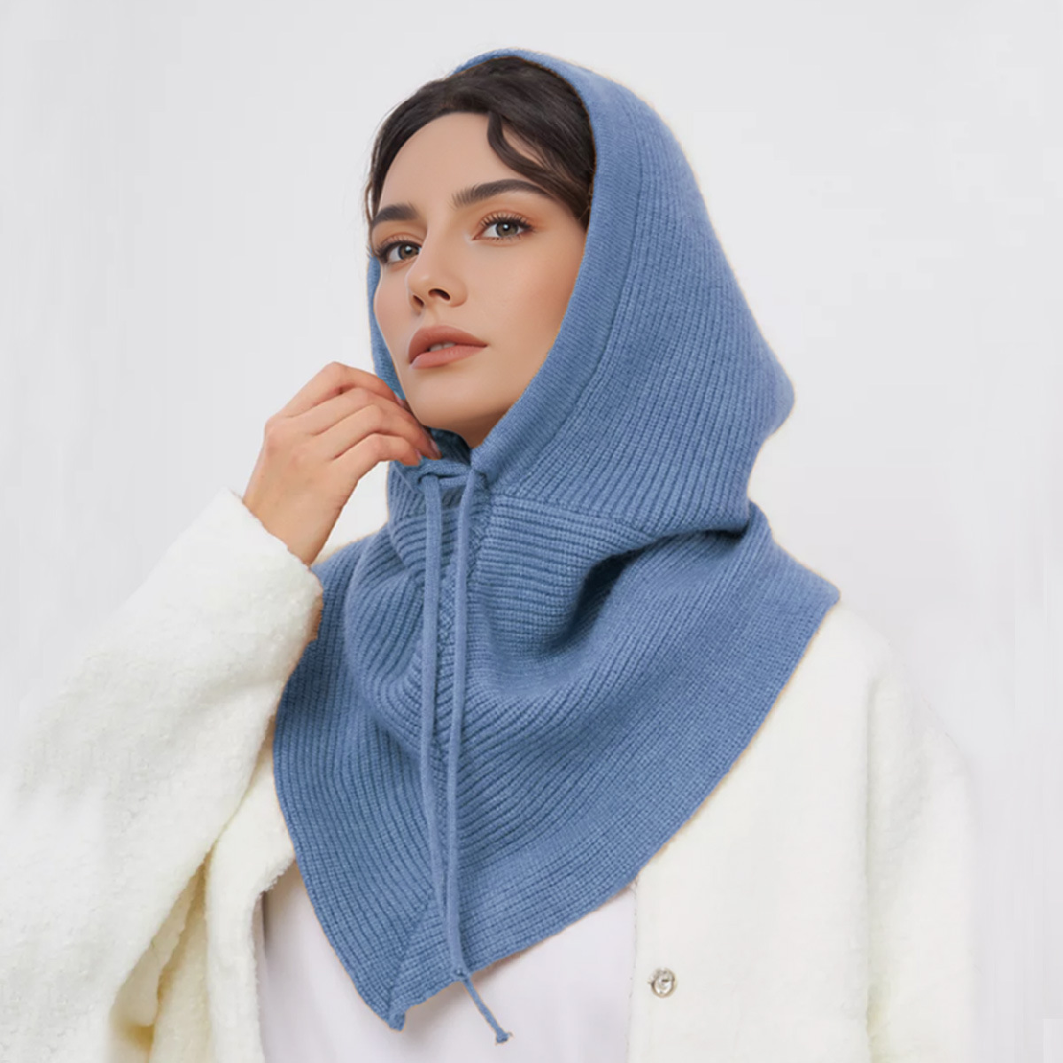 Cross-Border Korean Style Oversized Knitted Wool Hat and Scarf Integrated Warm Solid Color Drawstring Balaclava for Women Winter