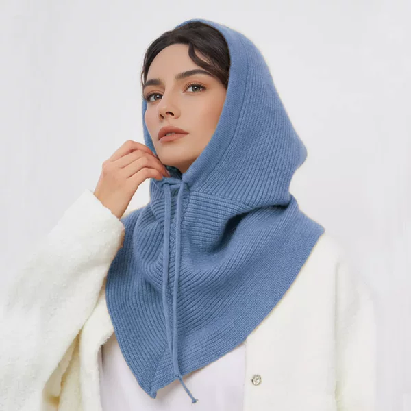 Cross-Border Korean Style Oversized Knitted Wool Hat and Scarf Integrated Warm Solid Color Drawstring Balaclava for Women Winter