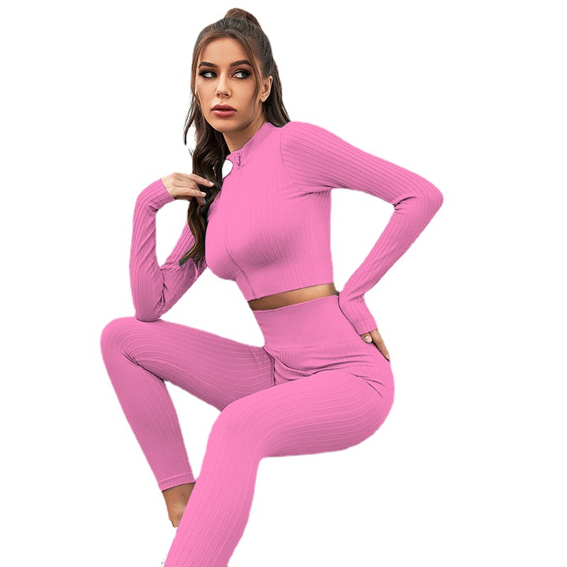 新款长袖拉链运动套装女健身衣健身跑步紧身提臀九分裤瑜伽服套装